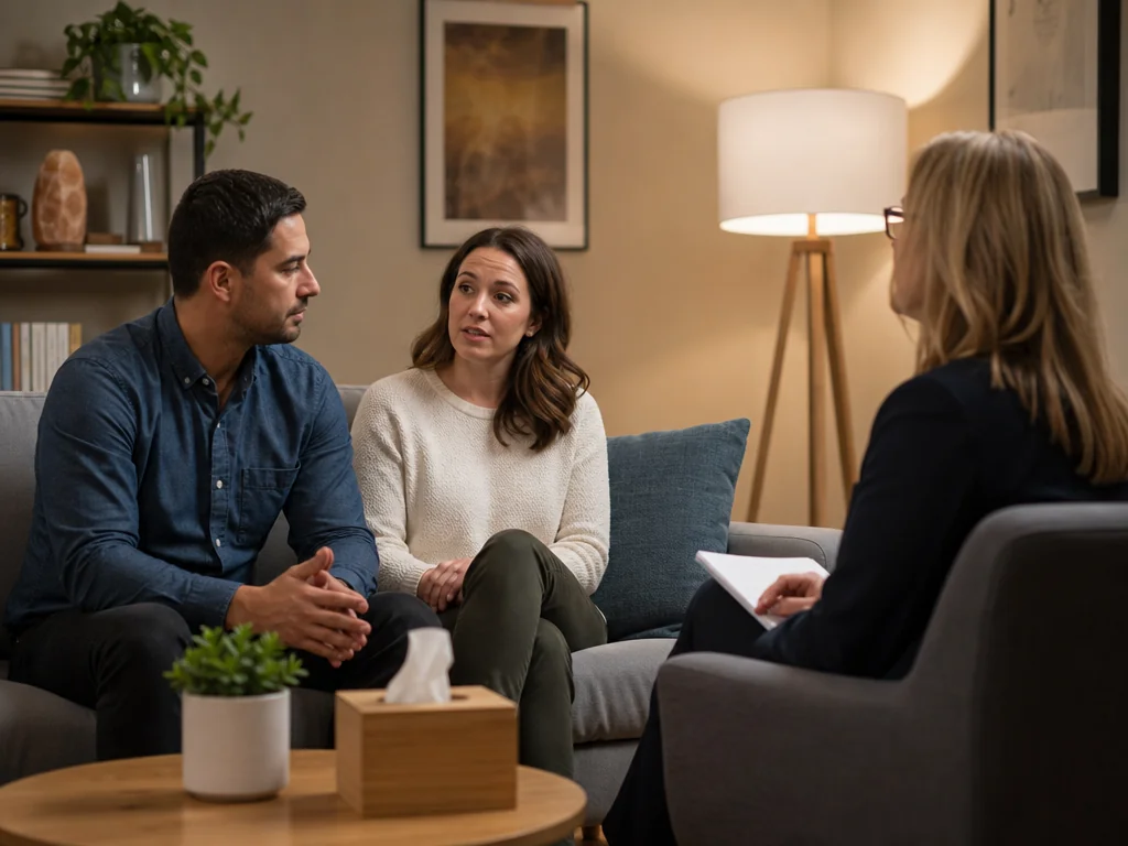 Couple engaged in a constructive dialogue with their therapist