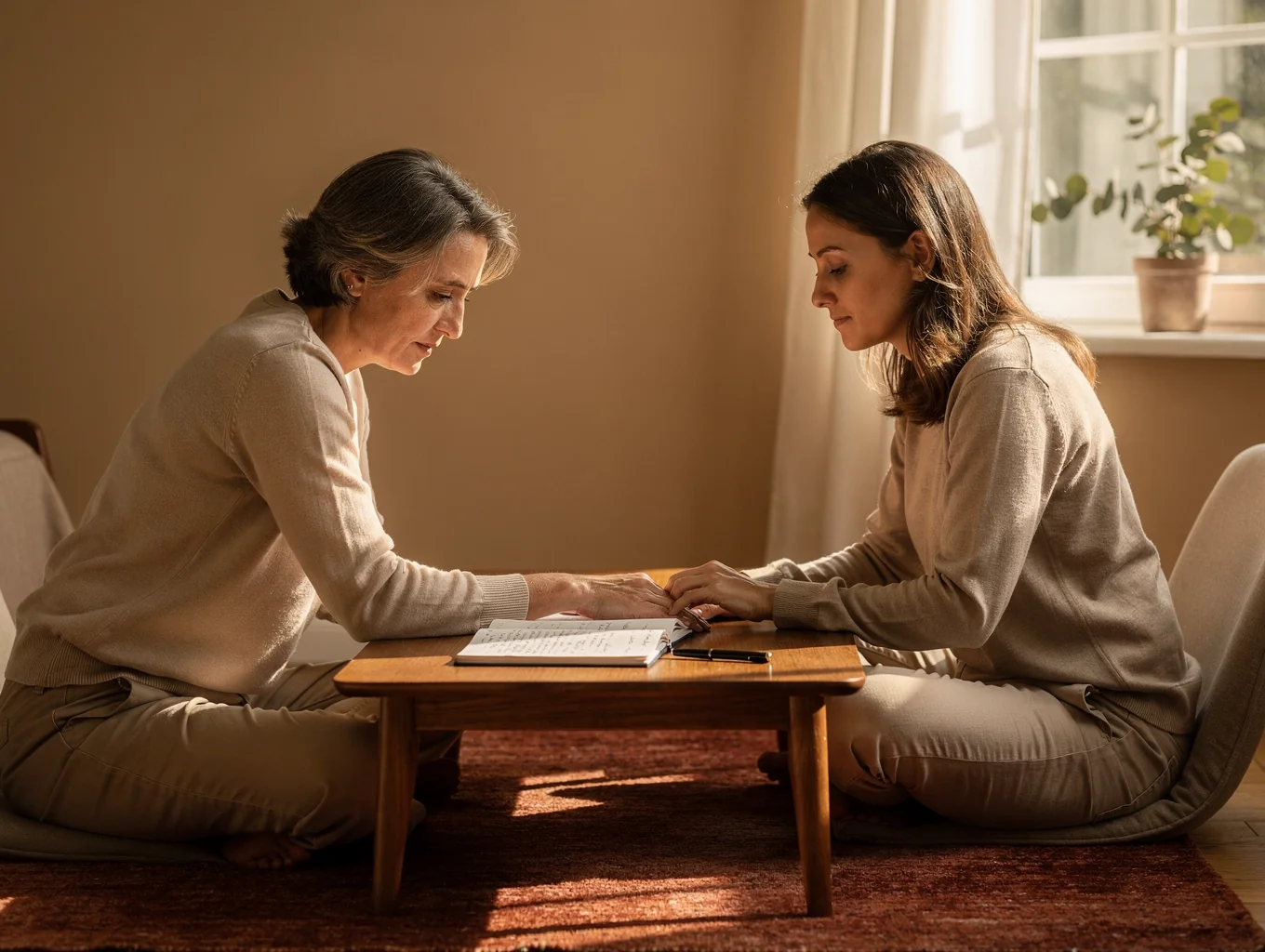 Therapist and client in a calm, sunlit office setting